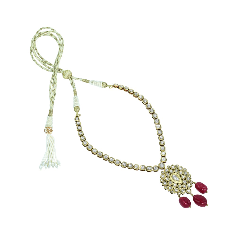 Polki Diamond Necklace with Floral Pendant and Tourmaline Drops